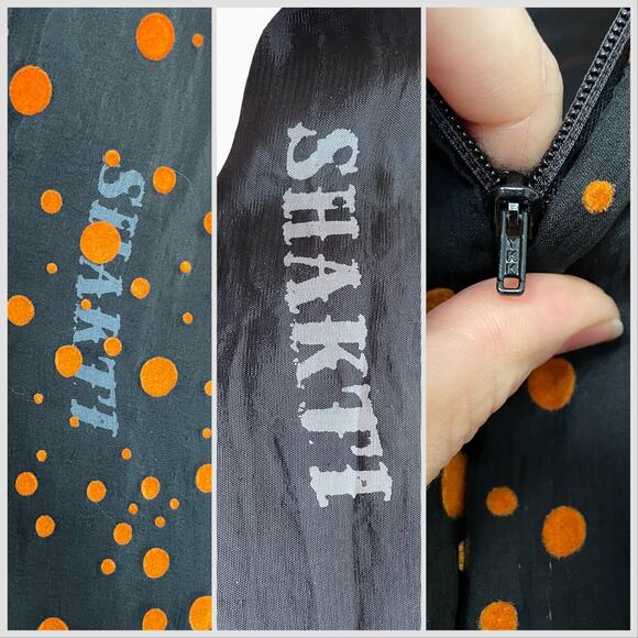 Vintage Black & Orange Polka Dot Dress, 1970s Flocked Crinkle Chiffon, Sz M - Picture 9 of 10